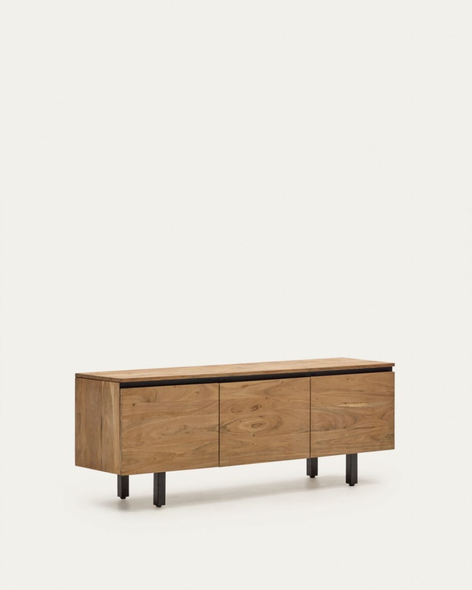 Uxue TV stand with 3 solid acacia wood doors in a natural finish 150 x 58 cm