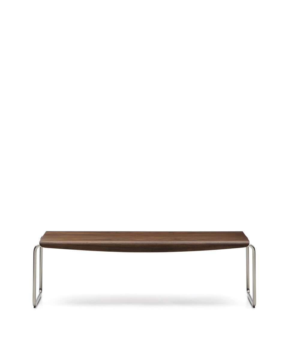 Tarsel bench in walnut veneer with brushed stainless steel frame atÂ© 142Ã cm
