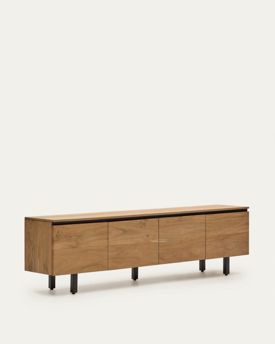 Uxue TV stand with 4 solid acacia wood doors in a natural finish- 200 x 58 cm