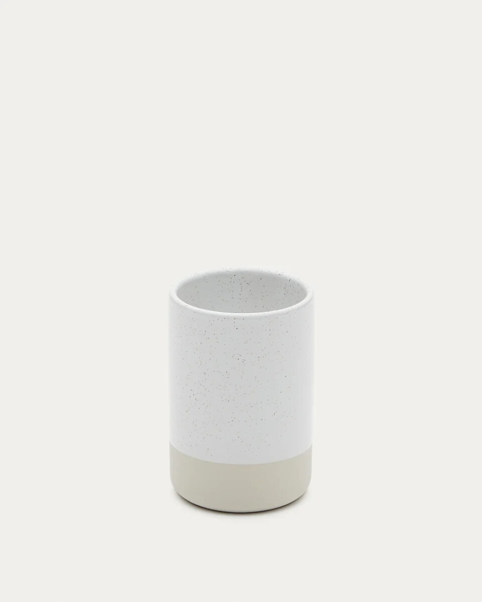 Selis Beige and White Stoneware Toothbrush Holder
