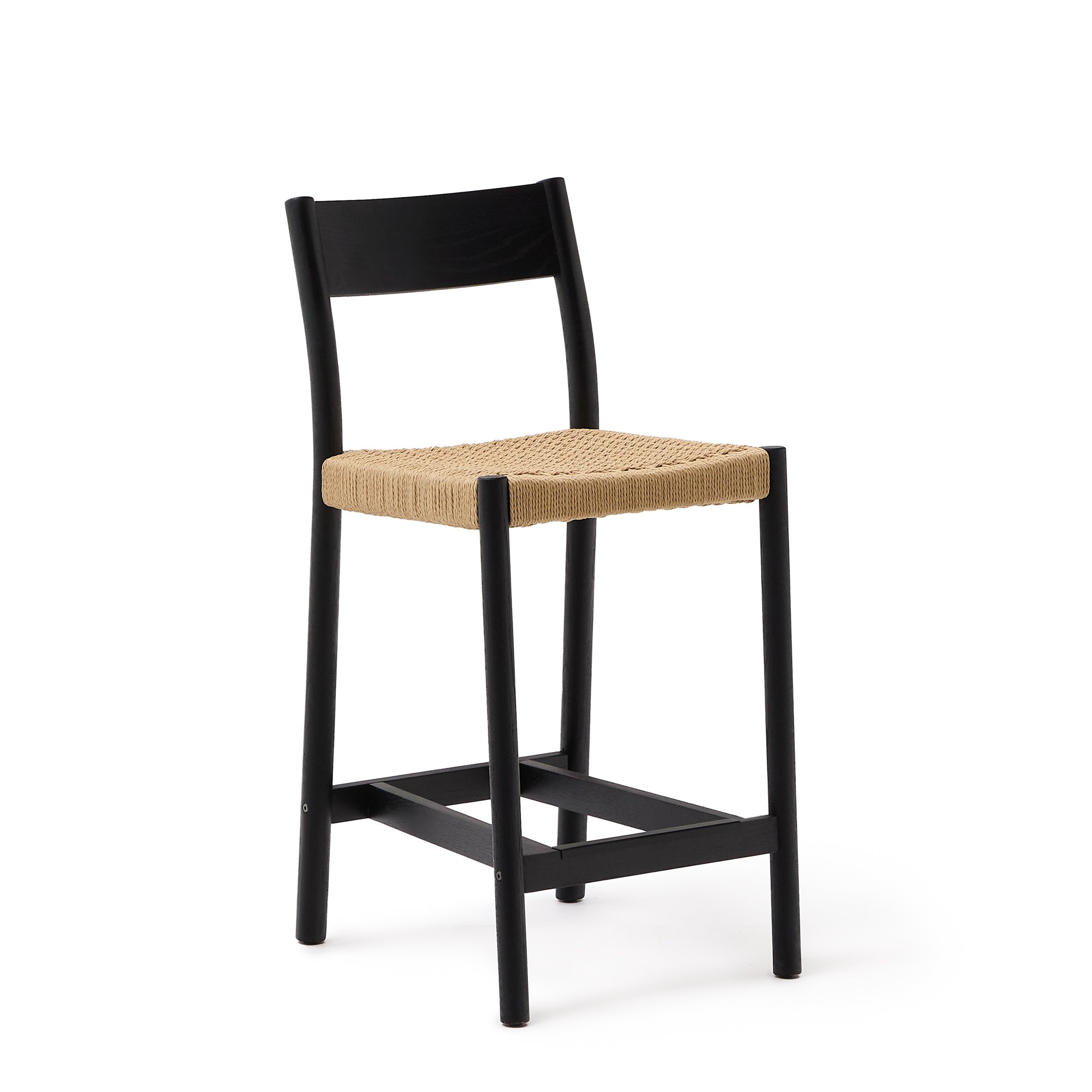 Yalia stool with a backrest in solid oak wood in a black finish. and rope cord seat. 65 cm FSC 100%