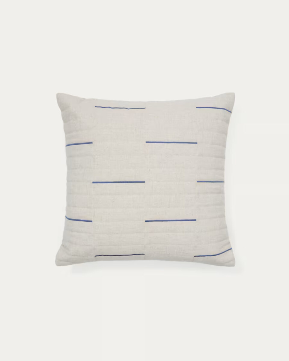 Blaina cushion cover in white linen with a blue embroidery feature. 45 x 45 cm