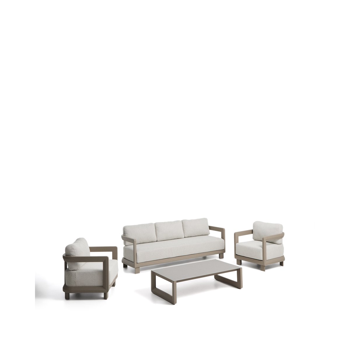 Nerano set with 3-seater sofa 2 armchairs and coffee table in tempered glass and taupe aluminium