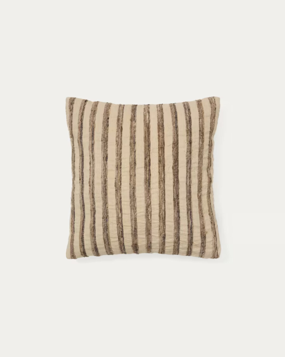 Enara cushion cover in beige and brown striped silk and cotton. 45 x 45 cm