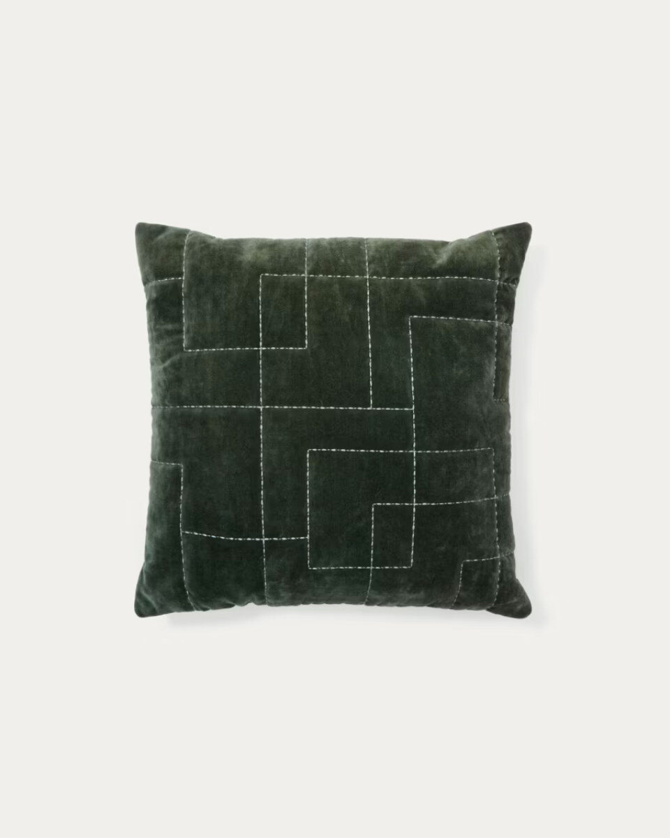 Prila green velvet cotton cushion cover with geometric embroidery feature. 45 x 45 cm