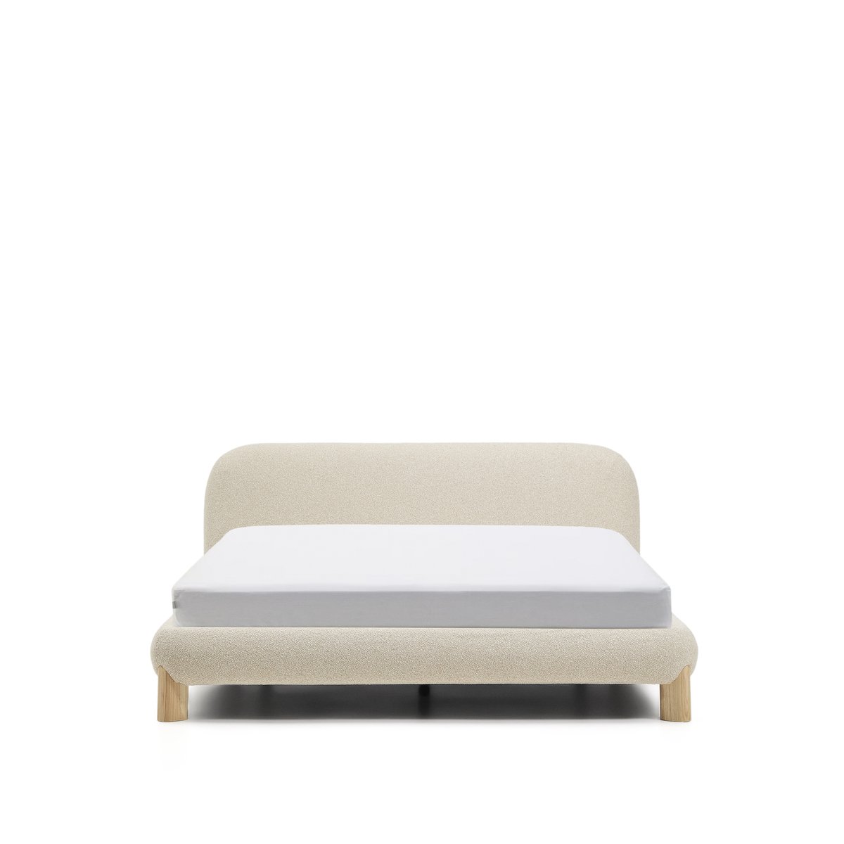 Odina ecru bouclÃ© bed with removable cover and solid ash wood legs with natural finish for 160 x 200cm mattress