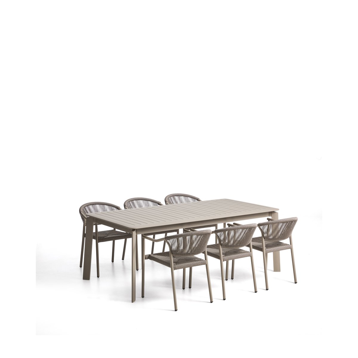 Set with Brela aluminium extendable table and 6 Livadia stackable chairs in taupe aluminium and synt