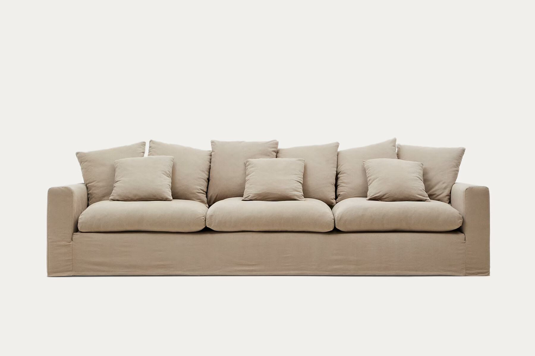 Nora 4-seater sofa with removable cover with linen and cotton cushions in taupe 340cm