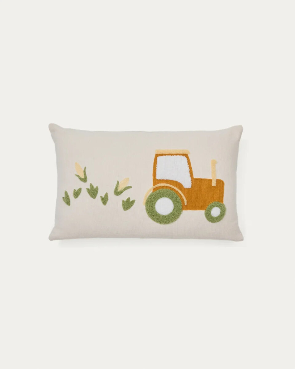Pecky cushion cover in beige cotton with a tractor embroidery feature. 30 x 50 cm