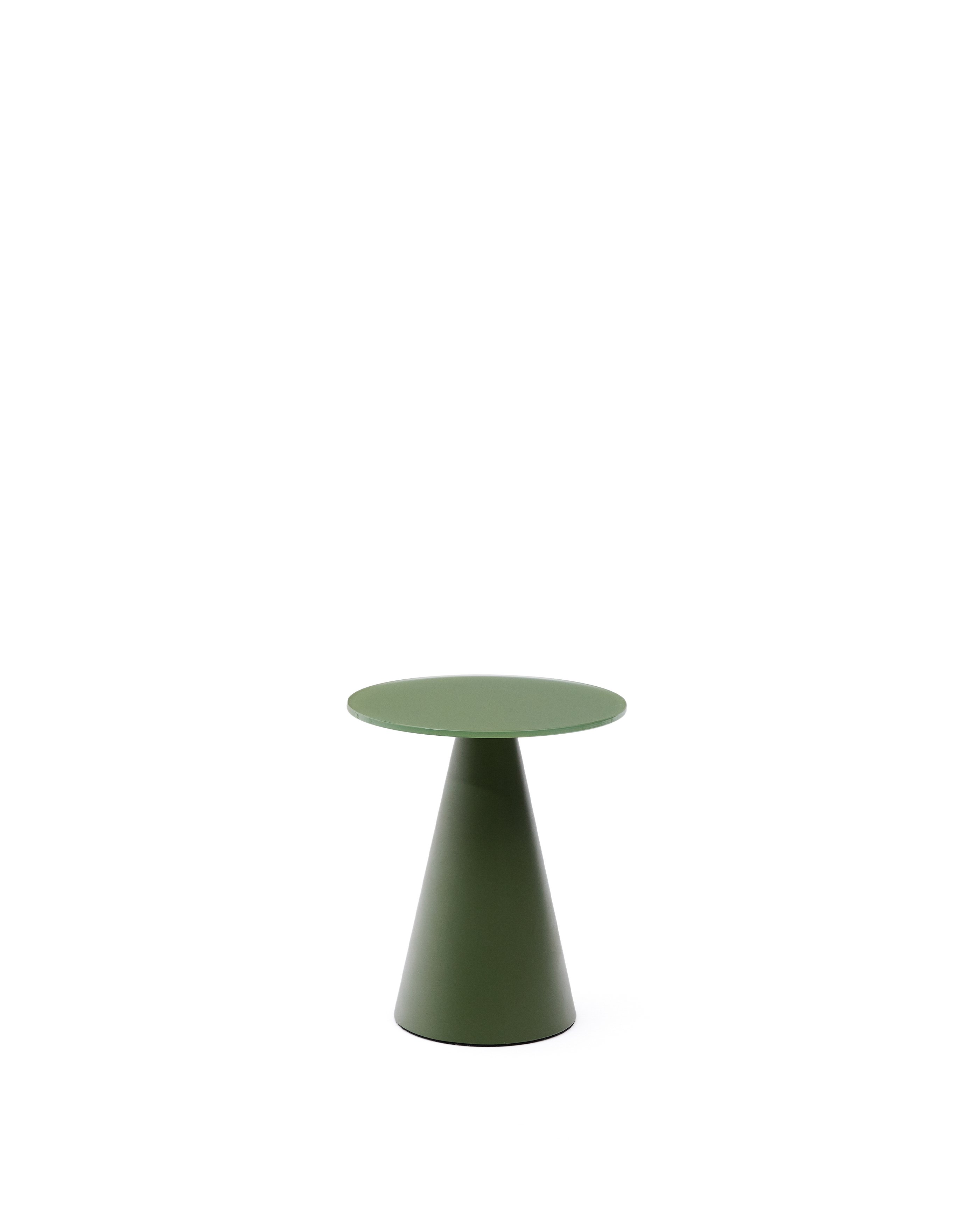 Wilshire side table with frosted tempered glass and matt green painted steel finish 30cm