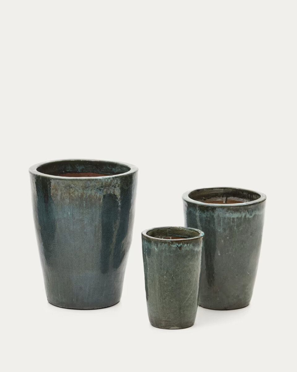 Rotja set of 3 terracotta planters with glazed blue finish  26 / 35 / 47 cm