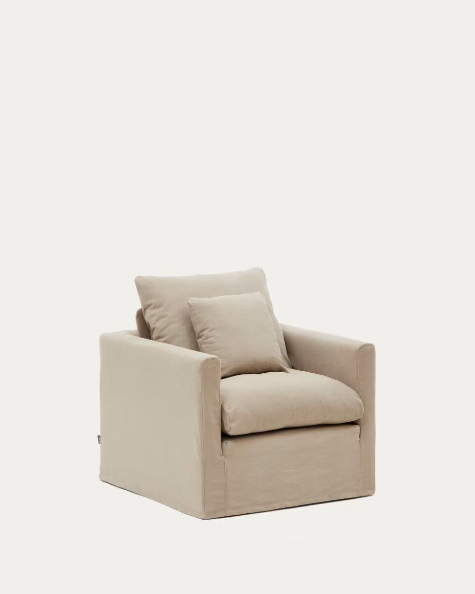 Nora armchair with removable cover with linen and cotton cushion in taupe 92cm