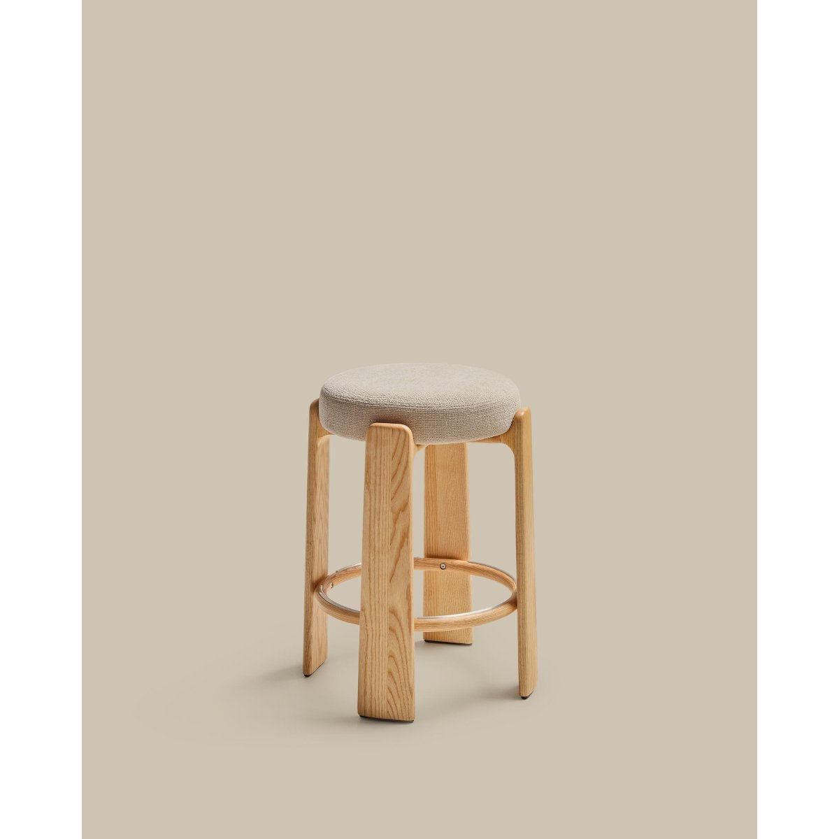 Granite stool in beige chenille and solid ash wood with natural tone finish FSC 100% 65cm