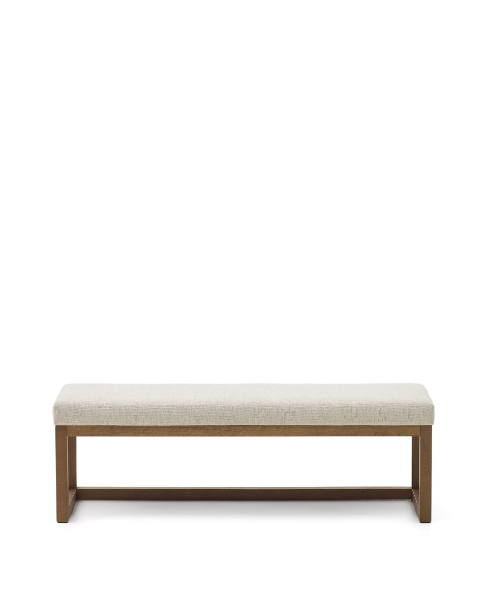 Loya bench in beige chenille and beech wood with walnut-coloured finish 128cm