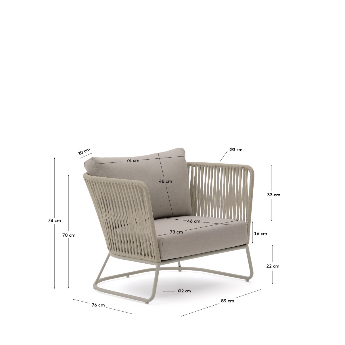 Saconca outdoor armchair in rope cord and beige galvanised steel