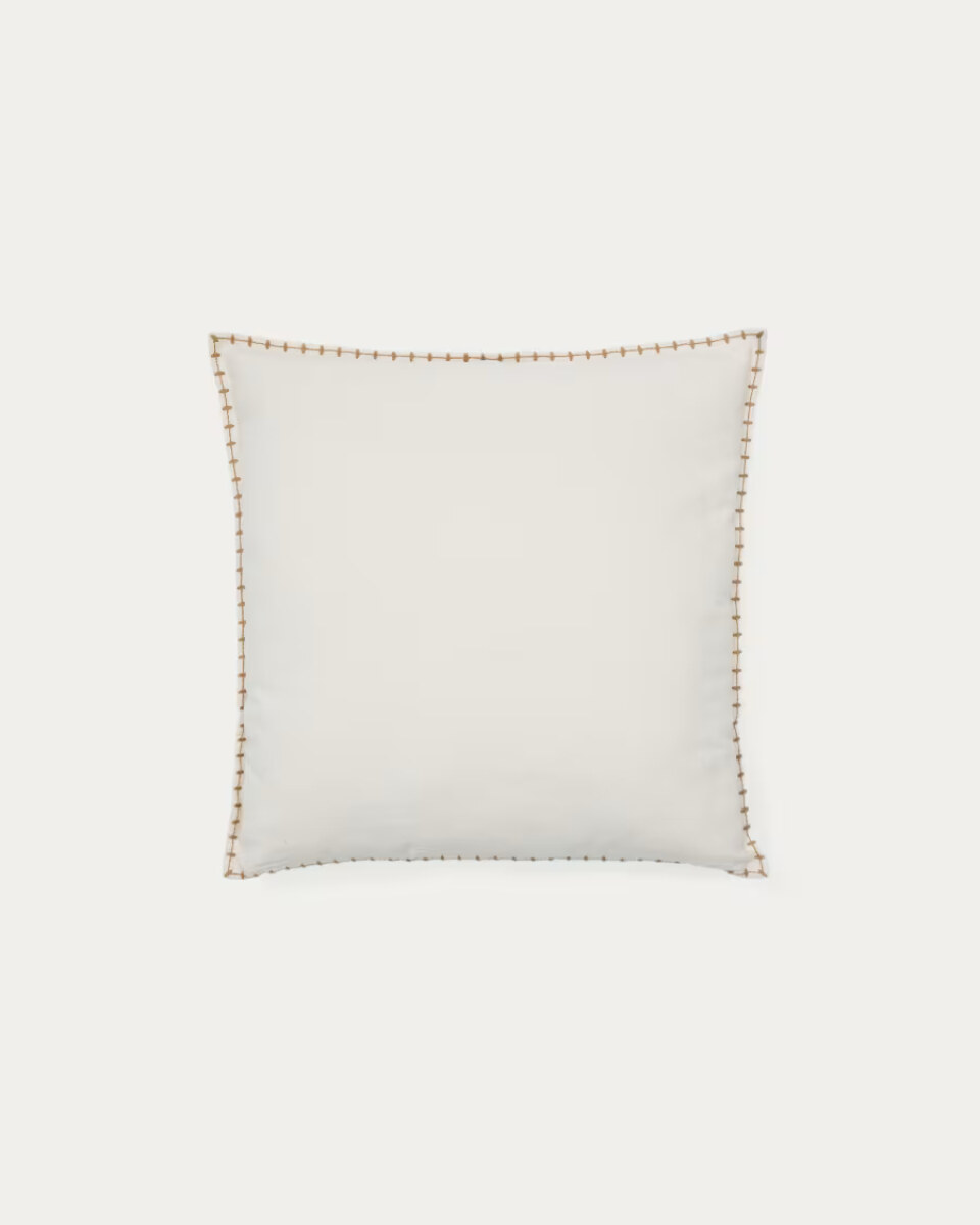 Rakira beige cotton cushion cover with mustard-coloured embroidery feature. 45 x 45 cm
