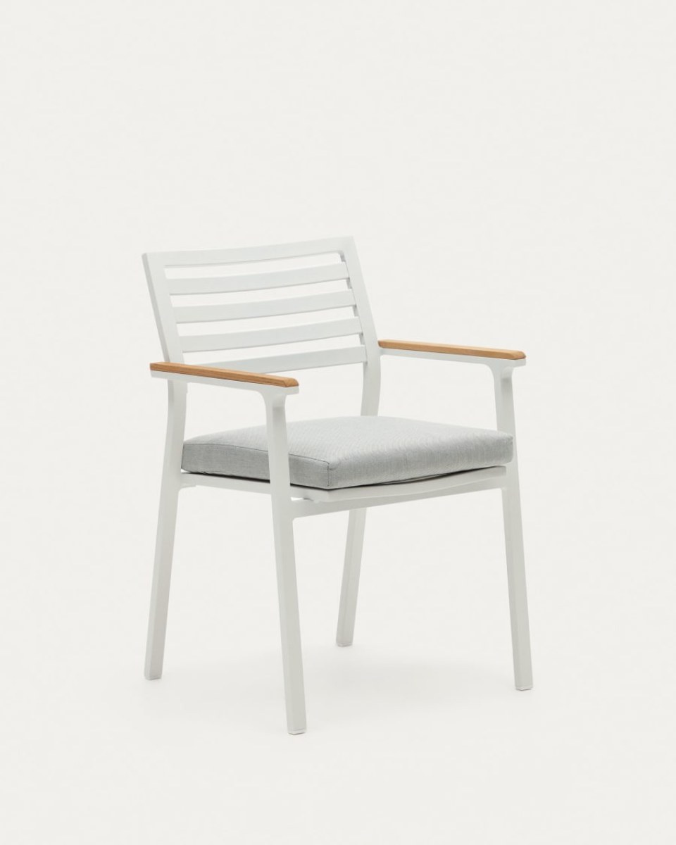 Bona aluminium stackable garden chair with a white finish and solid teak wood armrests