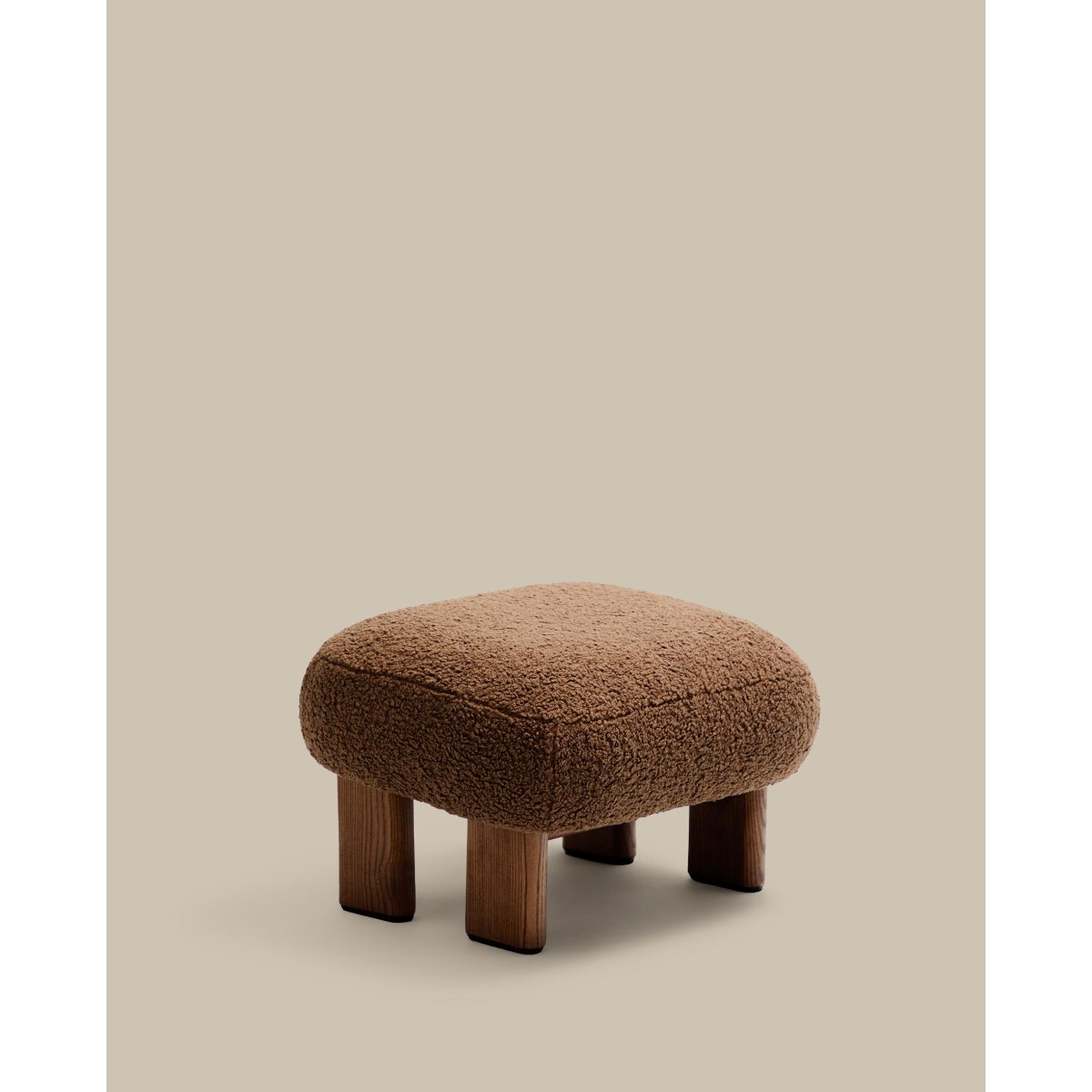 Nema taupe bouclé footstool with solid ash wood legs walnut finish 65x55.4cm FSC 100%