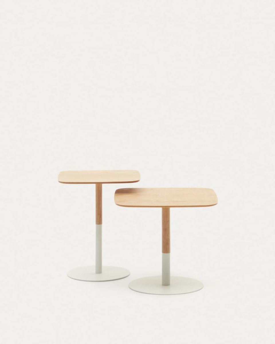 Watse set of 2 side tables in oak wood veneer and matte white metal