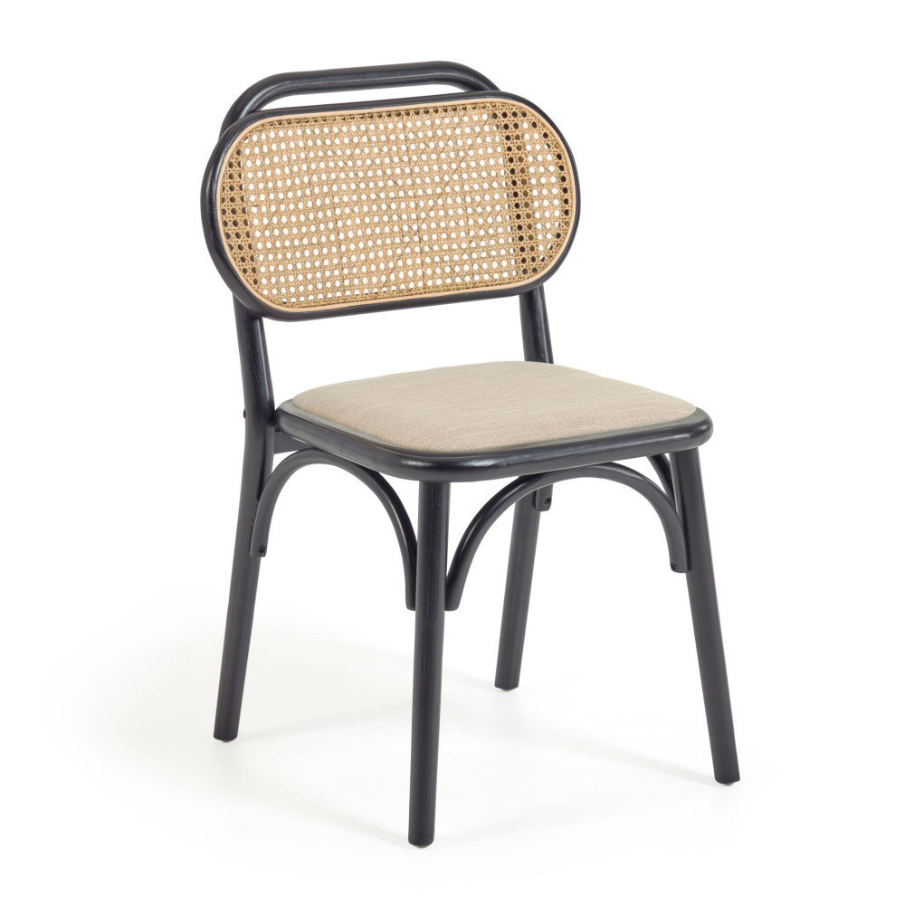 Doriane chair in elm wood with black lacquer finish and fabric seat