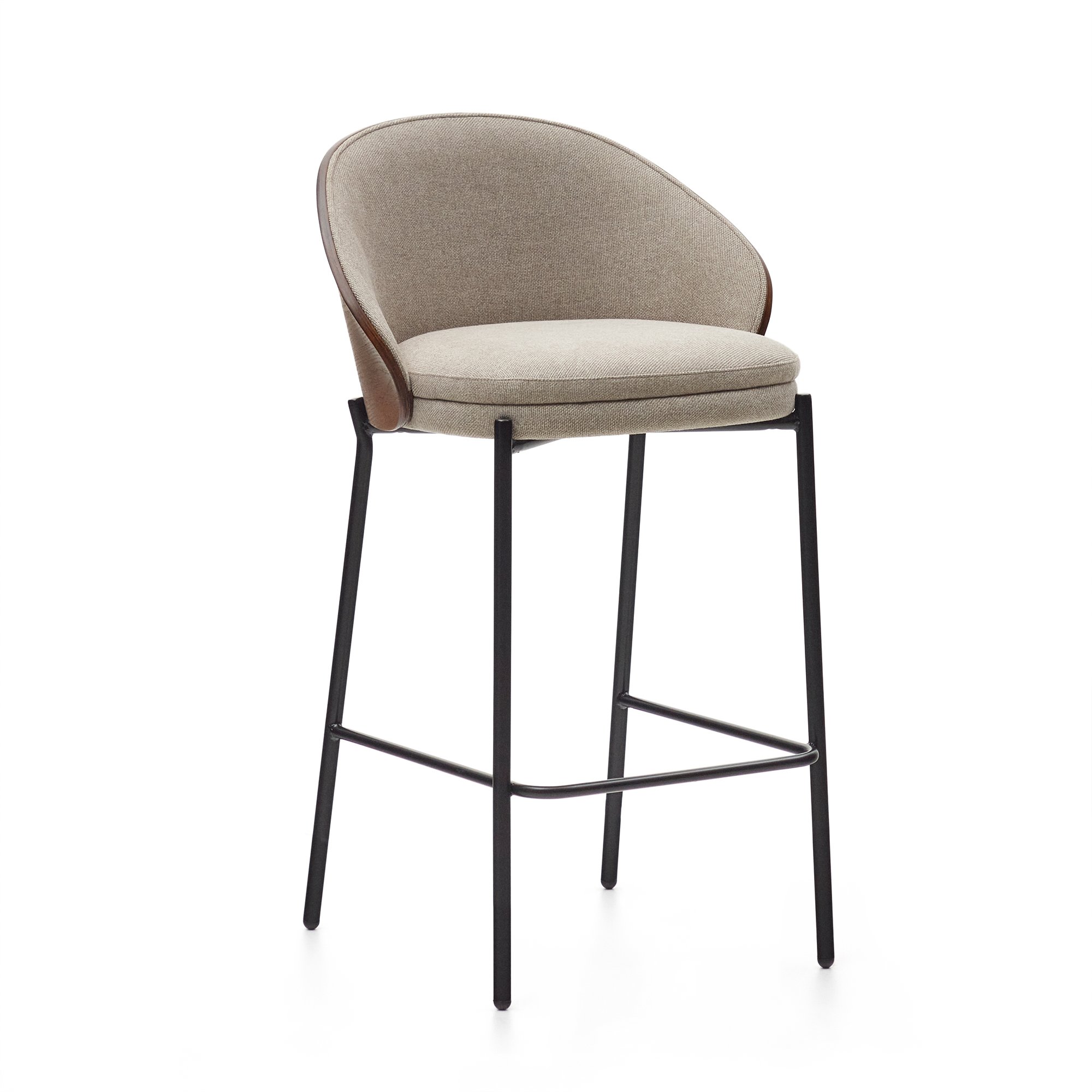 Eamy stool light brown chenille and ash wood veneer with a wenge finish and black metal. 65 cm