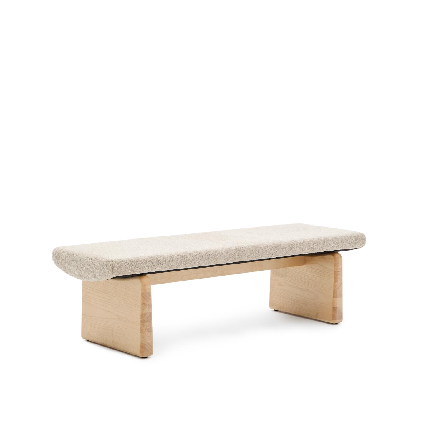 Topaz bench in beige chenille and FSC 100% solid ash wood in a natural finish. 150 cm