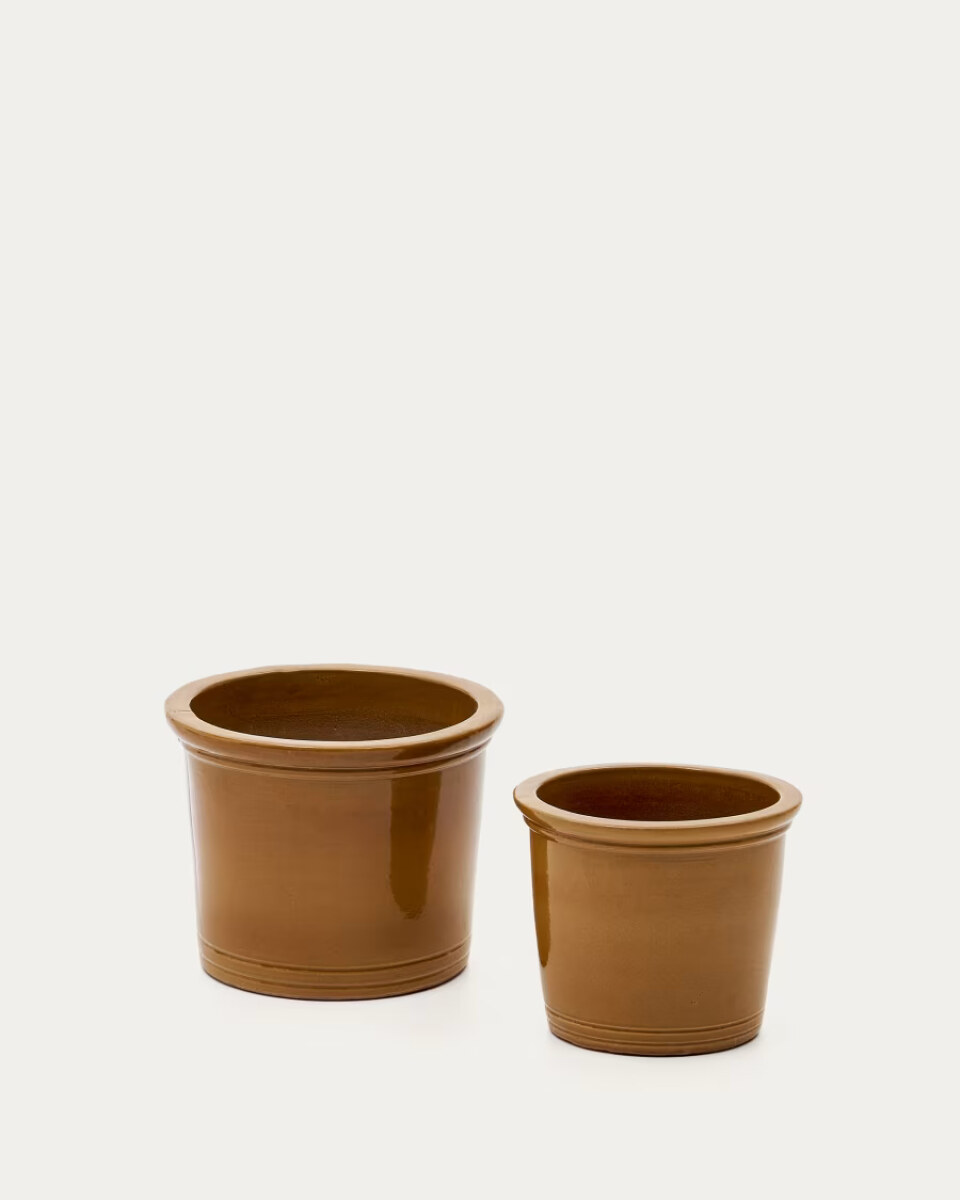 Presili set of 2 ceramic planters with glazed mustard finish  37 / 47 cm