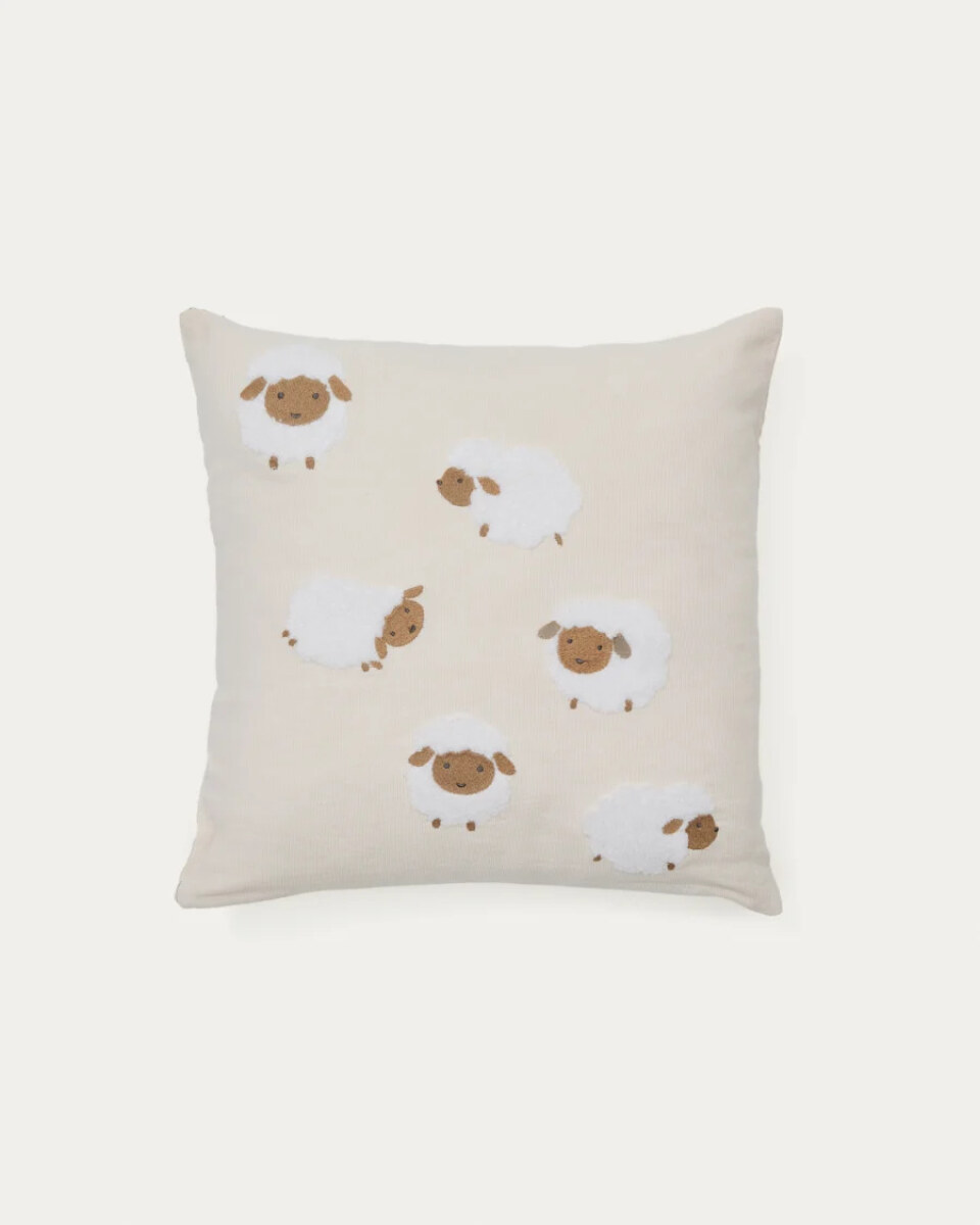 Milu cushion cover in beige cotton with sheep embroidery feature. 45 x 45 cm