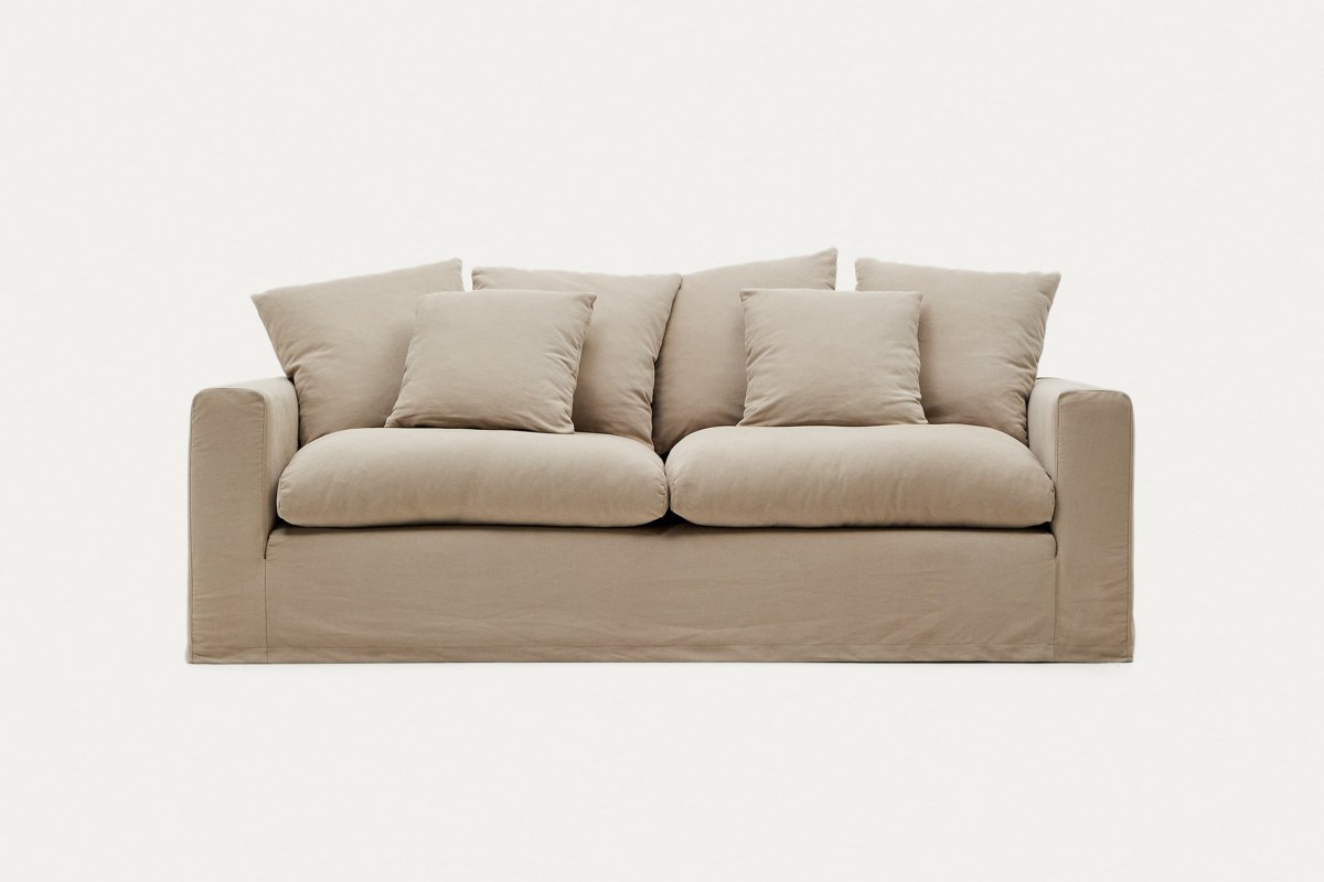 Nora 3-seater sofa with removable cover with linen and cotton cushions in taupe 240cm