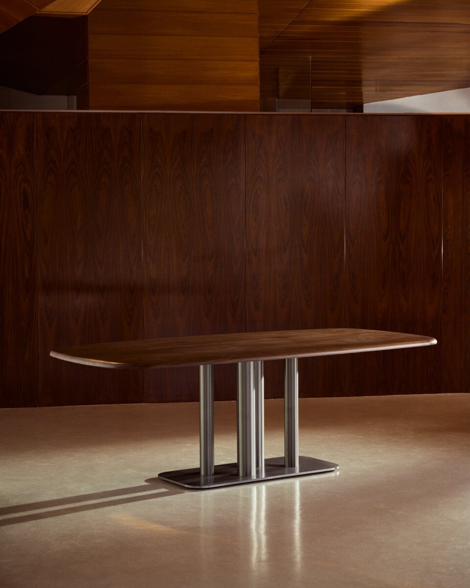 Melvar Walnut Veneer Table and Legs with BrushedÂ© Stainless Steel Base 220Ã¢ x 110Ã¢ cm
