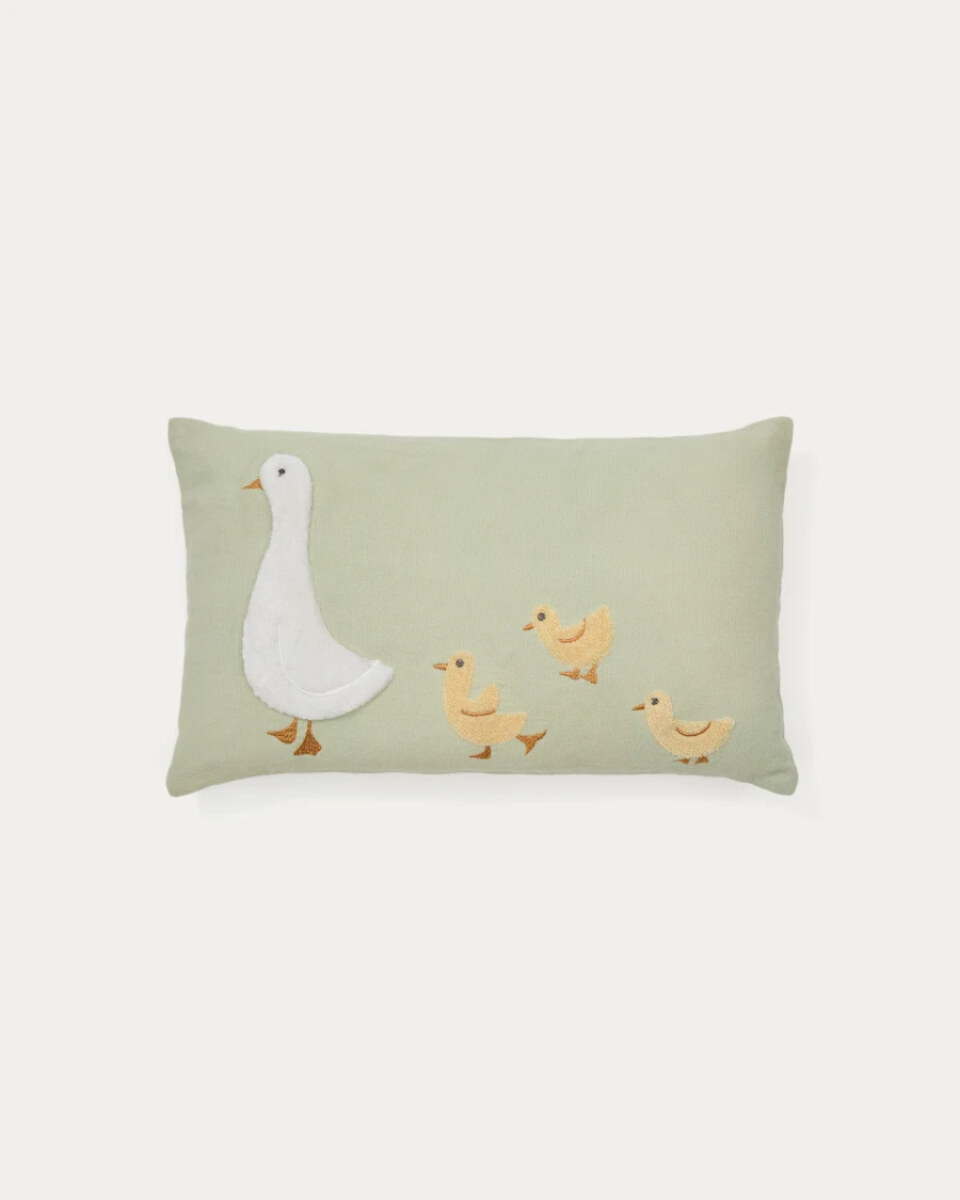 Milu cushion cover in green cotton with a goose embroidery feature. 30 x 50 cm