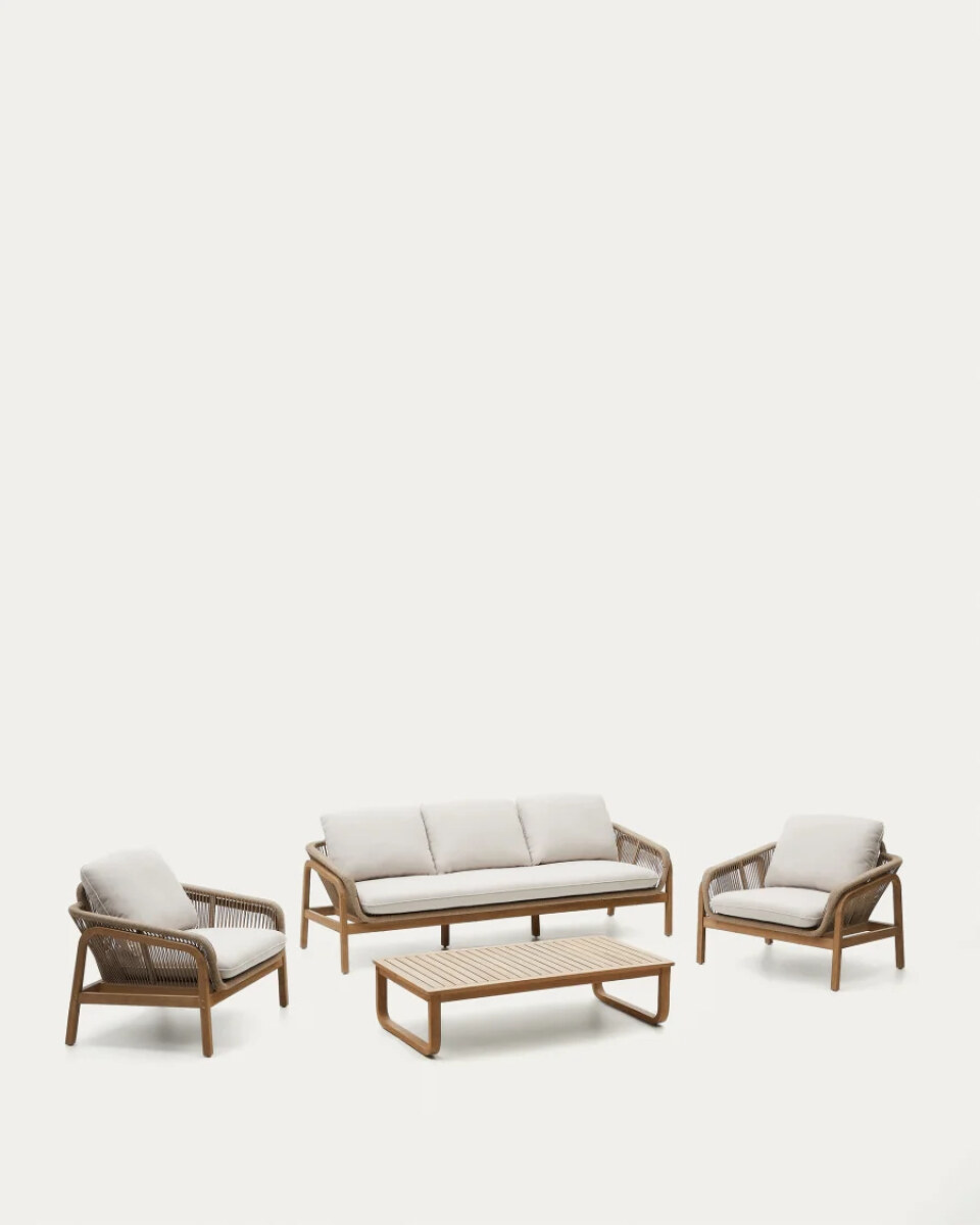 Vellana set: 3-seater sofa. 2 armchairs and coffee table made from FSC 100% solid acacia w