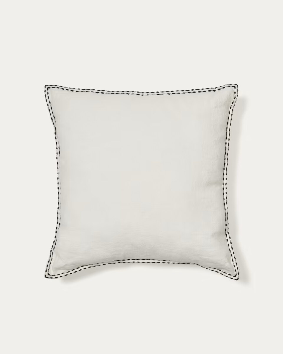 Sinet cushion cover in white linen and a black embroidery feature. 45 x 45 cm