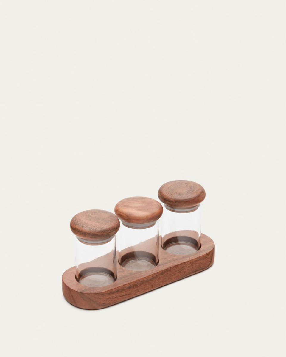 Emelin set of 3 glass and acacia wood spice jars