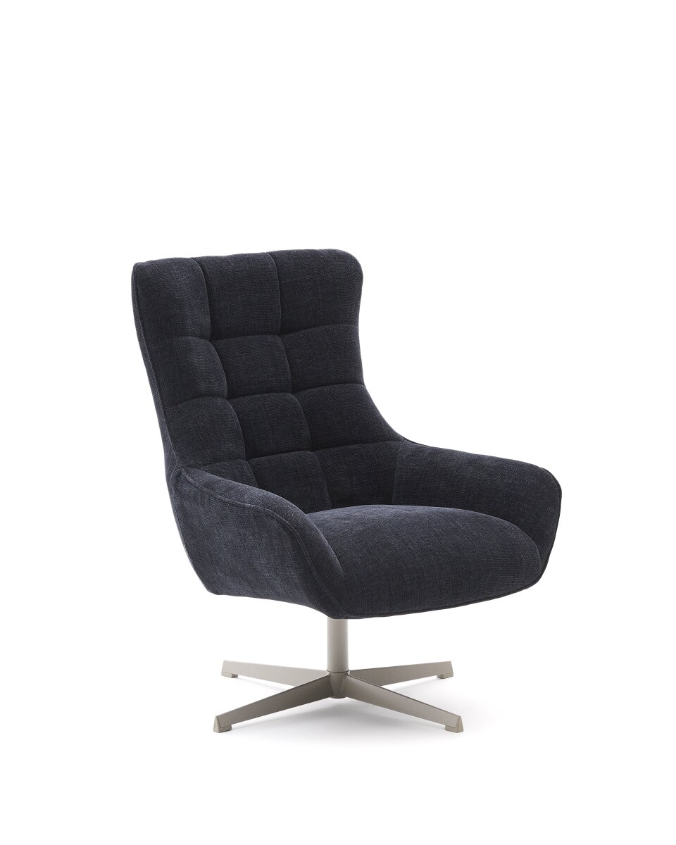 Teryl swivel blue chenille armchair with grey-finished metal. FSC 100%