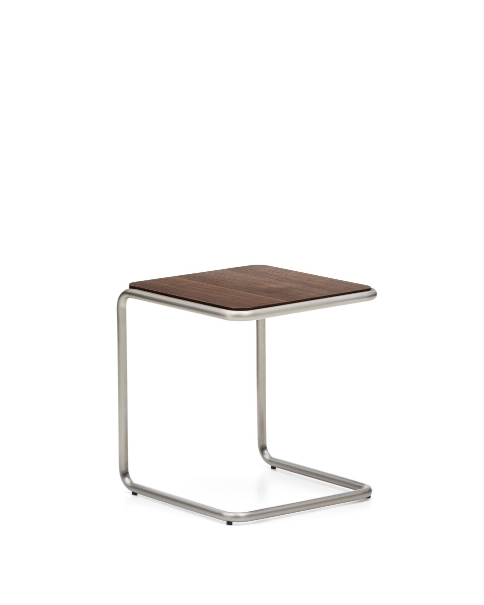 Tarsel auxiliary table in walnut veneer with brushed stainless steel frame 42Â© x 47 cm