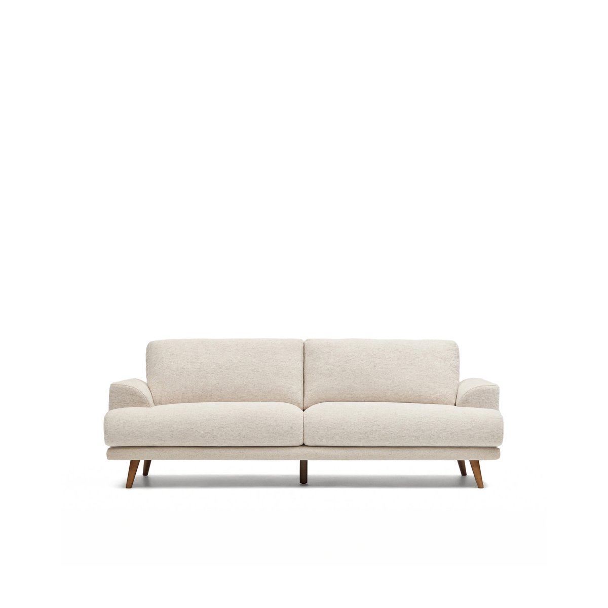 Karin beige 3-seater sofa with solid beech wood legs in walnut-tone finish 231 cm