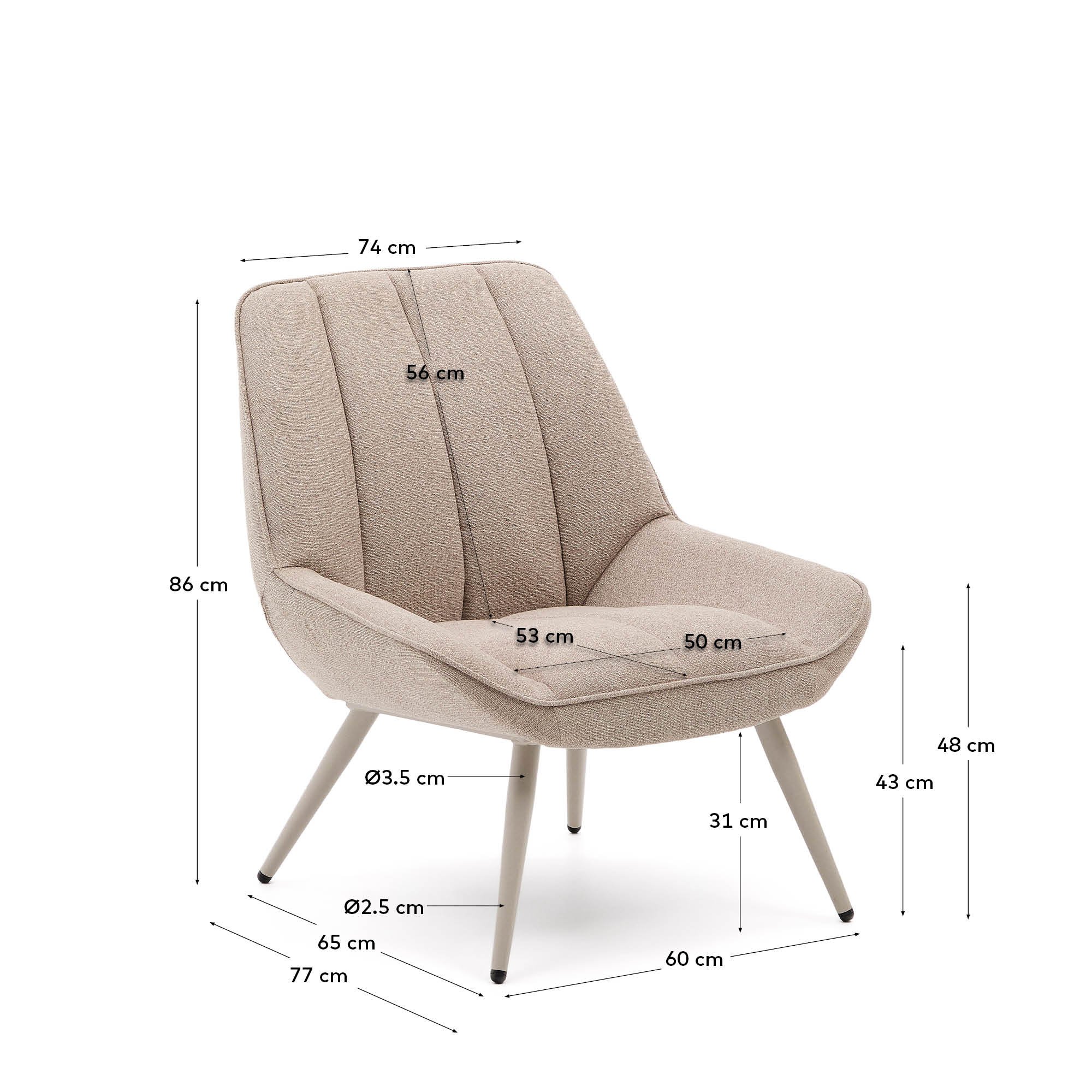 Marlina armchair in beige chenille fabric with steel legs in a grey matte paint finish