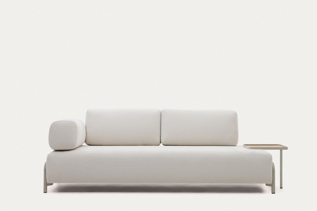 Compo 3-seater sofa chenille beige. large tray oak veneer and beige metal structure 232cm FSC Mix Credit