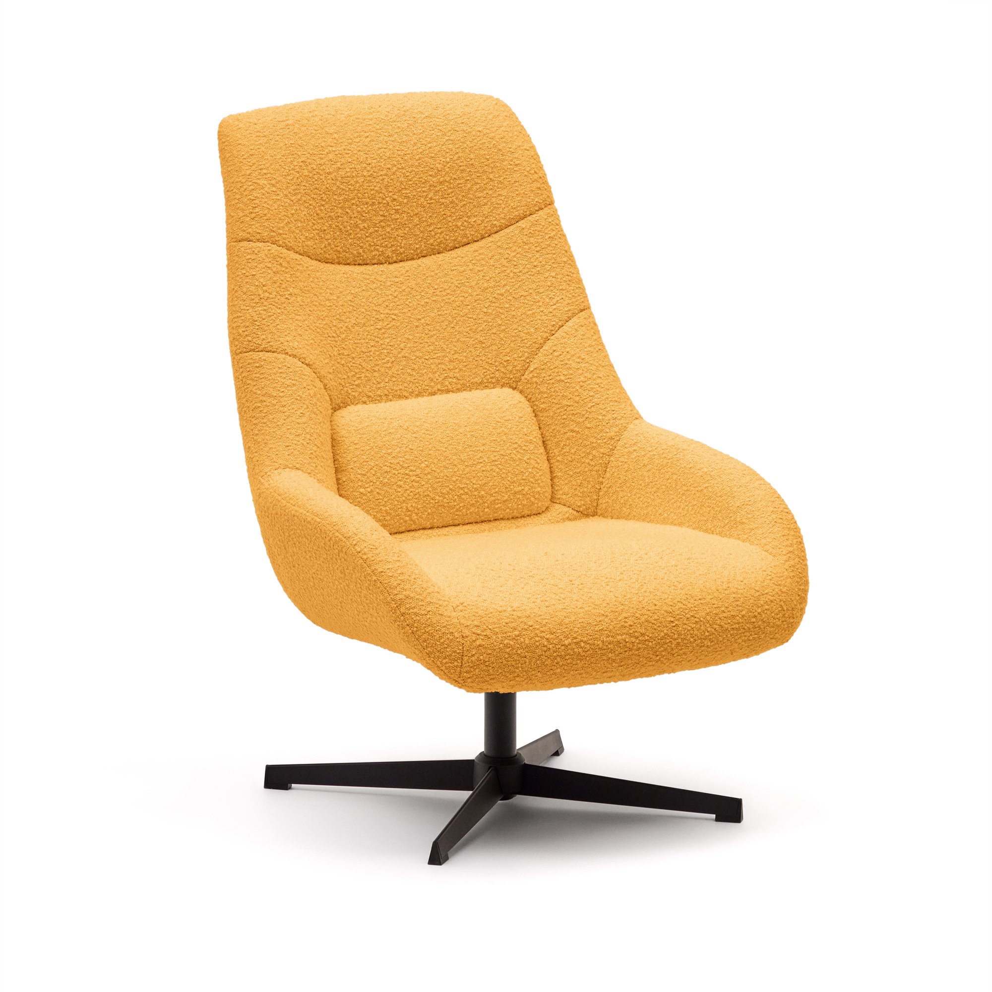 Celida swivel armchair in mustard bouclé and steel with black finish FSC 100%
