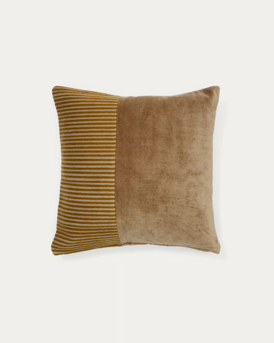 Samit 100% cotton velvet cushion cover with contrasting mustard-coloured stripes. 45 x 45 cm