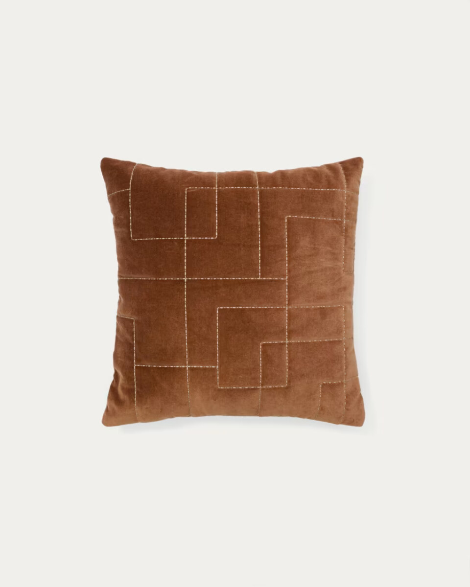 Prila terracotta-coloured velvet cotton cushion cover with embroidery feature. 45 x 45 cm