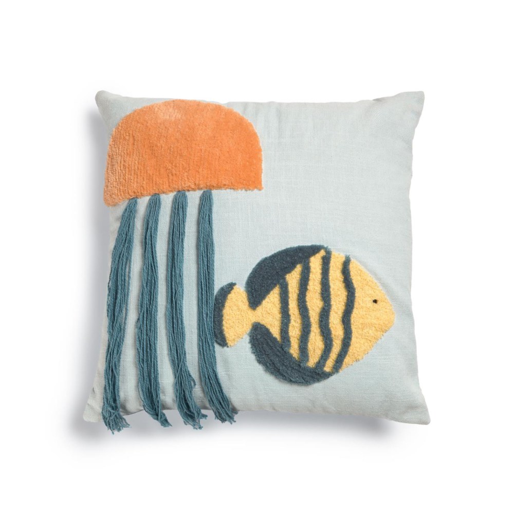 Cordelia blue cotton cushion cover with multicolour marine animals 45 x 45 cm