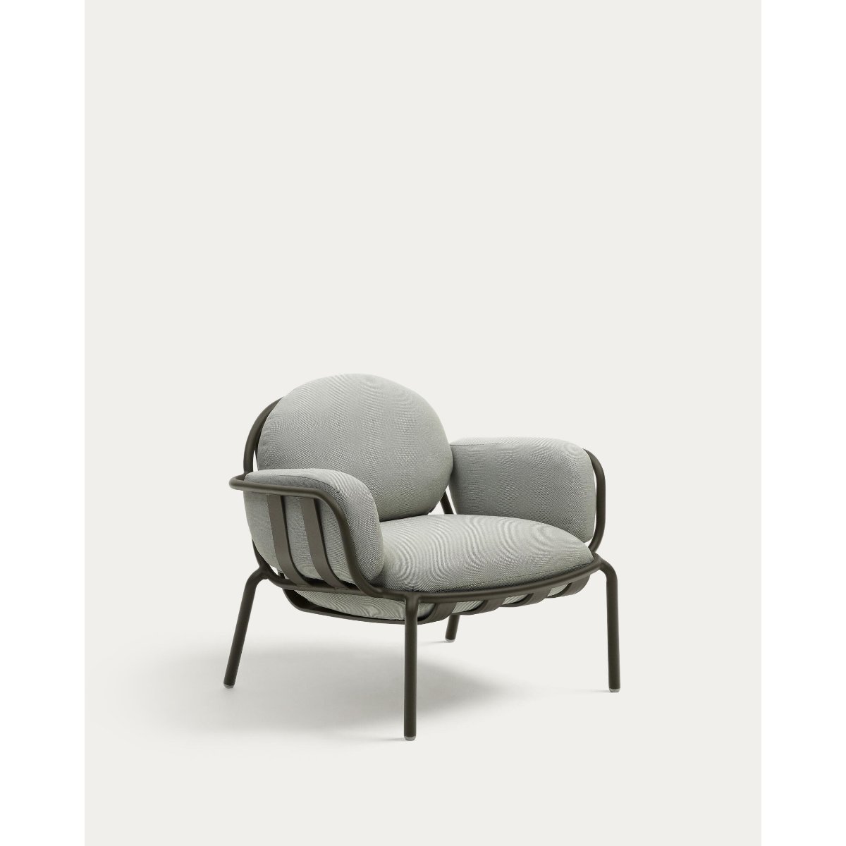 Joncols outdoor armchair in aluminium with green painted finish and grey cushions