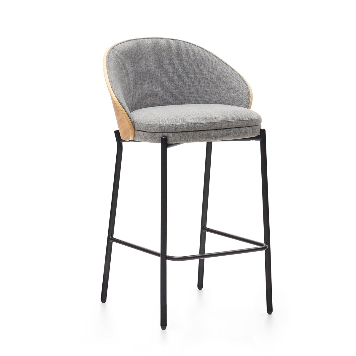 Eamy stool  light grey chenille and ash wood veneer with a natural finish and black metal. 65 cm