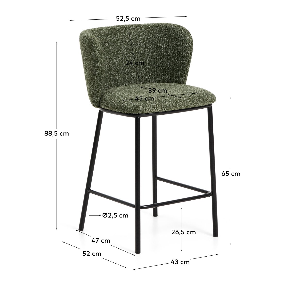 Ciselia dark green thick chenille stool with black finish steel legs FSC Mix Credit 65cm