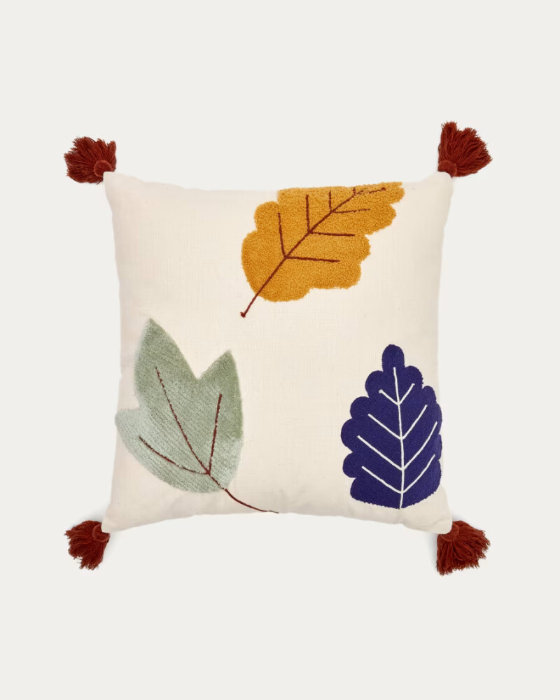 Zelda white cushion cover with multicolour embroidered leaves and terracotta tassels  45 x