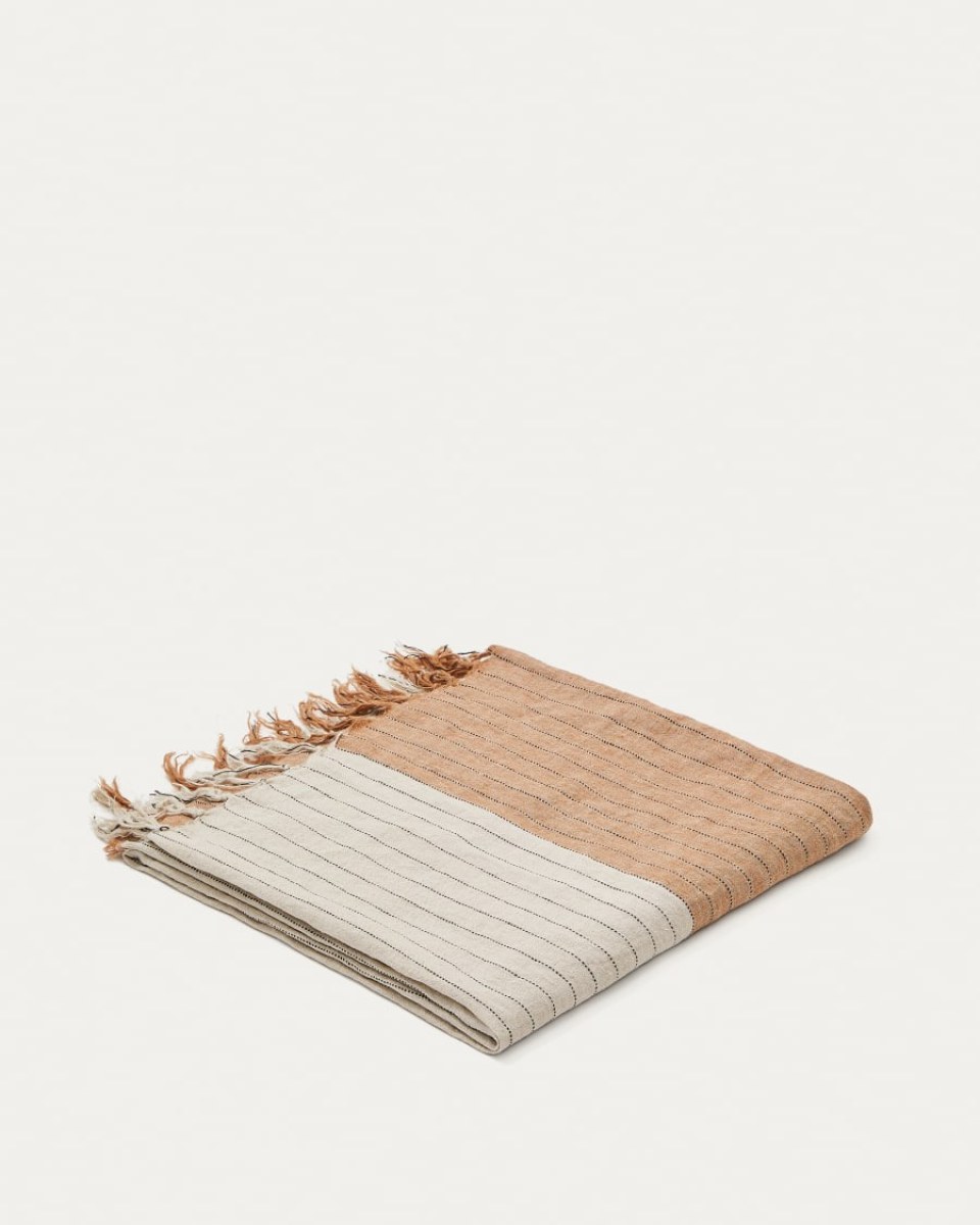 Sunig beige and terracotta striped blanket 100% linen