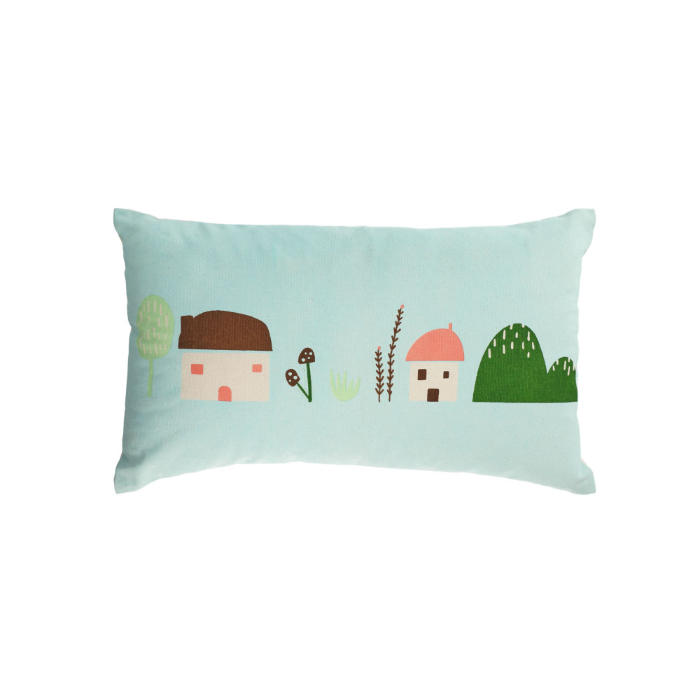 Llaru 100% cotton cushion cover in blue with multi-coloured houses 30 x 50 cm