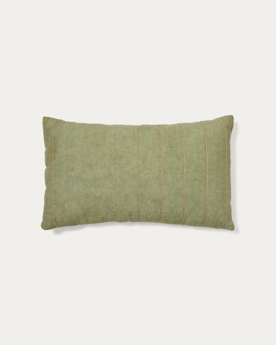 Sayema cushion cover in green linen cotton and natural jute embroidery feature- 30 x 50 cm